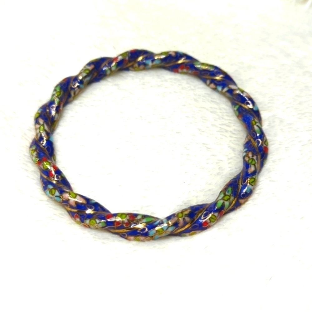 Vintage Rare Chinese Cloisonne Enamel Twisted Floral Bangle Bracelet - Picture 3 of 13